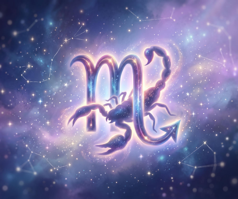 Świecący symbol zodiakalnego Skorpiona na tle rozgwieżdżonego, fioletowo-niebieskiego kosmosu. O horoskopie przeczytasz w Eska.