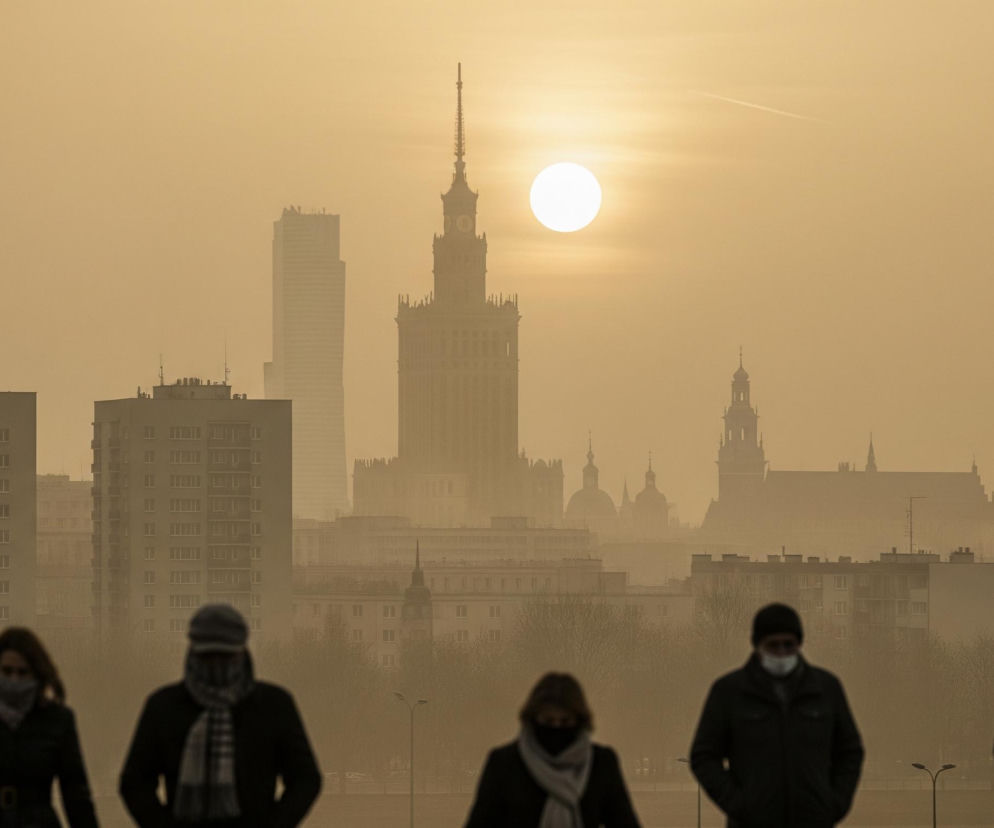 Na pierwszym planie, w dolnej części obrazu, widocznych jest pięć rozmytych sylwetek ludzi idących w stronę widza. Trzy z nich mają na sobie szaliki lub kominy, a dwie – maseczki ochronne na twarzach. Tłem dla tych postaci jest miejski pejzaż, utrzymany w jednolitych odcieniach brązu i beżu, sugerujących mgłę lub smog. Dominują tu różnej wysokości budynki, z których najbardziej wyróżnia się smukły wieżowiec z iglicą w centralnej części, obok niego znajduje się również wysoki, nowoczesny budynek. Powyżej budynków, w górnej części kadru, wyraźnie widać słońce, które jaśnieje na zamglonym niebie, a jego intensywne światło rozjaśnia całą scenę.