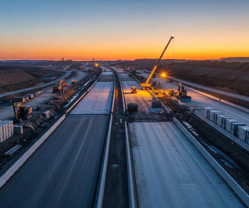 Rozległy plac budowy autostrady rozciąga się w perspektywie, ukazując dwie równoległe, świeżo wylane betonowe jezdnie z widocznymi na nich pasami ruchu. Liczne maszyny budowlane, takie jak koparki, spycharki i dźwig, są rozmieszczone wzdłuż trasy, oświetlone żółtymi światłami. Po obu stronach powstającej drogi widoczne są stosy gotowych elementów betonowych i materiałów sypkich, takich jak ziemia i gruz, tworzące nasypy. Horyzont dominuje gradient nieba, przechodzący od głębokiego błękitu w górnej części do intensywnej pomarańczy i żółci tuż nad linią lasu i pagórkowatym krajobrazem, co wskazuje na zachód słońca lub wschód słońca.