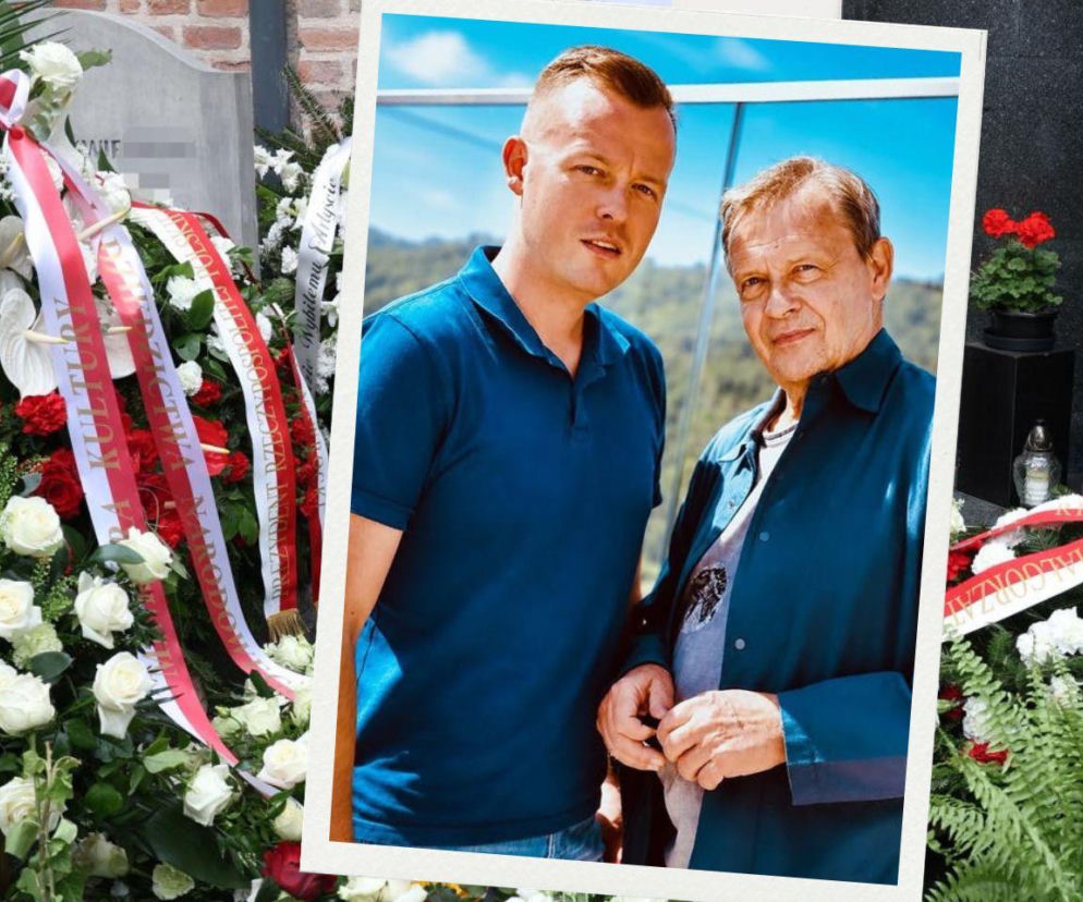 Kwiaty na grobie aktora Jana Frycza. Na wstawce zdjęcie Jana z synem Michałem. O pożegnaniu przeczytasz na SE.