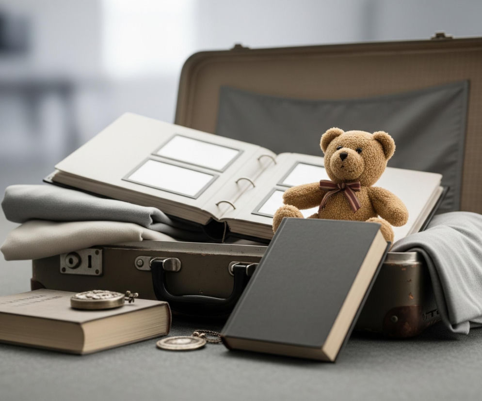 Otwarta beżowa walizka z brązowymi elementami stoi na szarym blacie. Wewnątrz walizki znajduje się otwarty album ze zdjęciami, z pustymi miejscami na fotografie, oraz stos złożonych jasnoszarych i kremowych ubrań. Między albumem a ubraniami siedzi pluszowy miś w kolorze brązowym z czerwono-brązową wstążką pod szyją. Obok walizki, na blacie, leżą dwie książki o jasnych okładkach i dwa ozdobne zegarki kieszonkowe. W tle widoczny jest rozmyty zarys pomieszczenia biurowego w jasnych barwach.