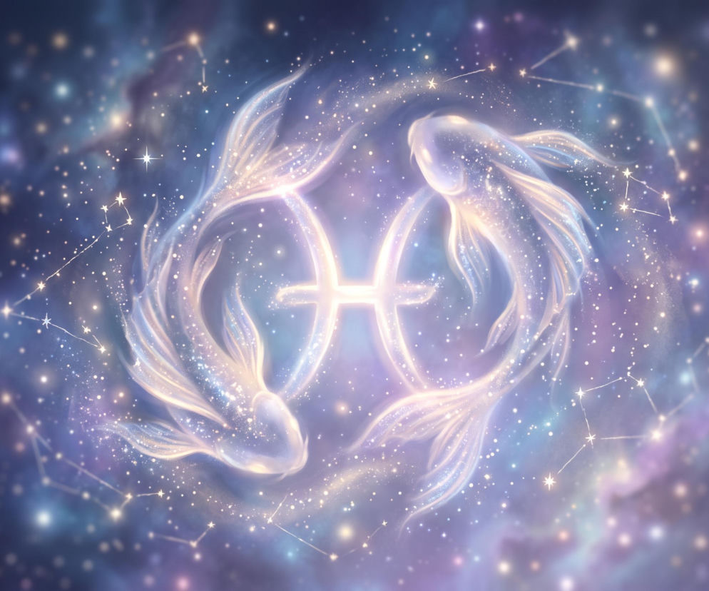 Dwie świetliste ryby i symbol zodiaku na tle gwieździstego nieba. Horoskop dla Ryb sprawdzisz w serwisie Eska.