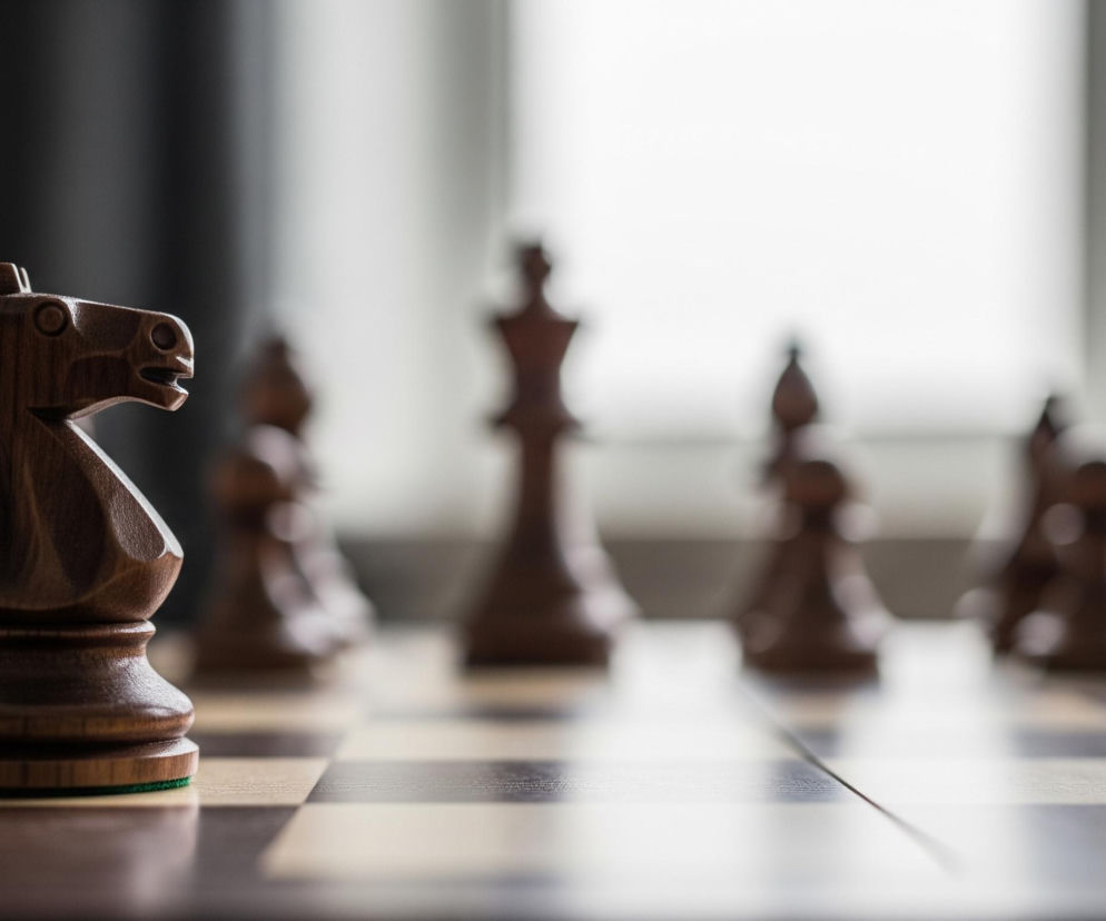 Na pierwszym planie, po lewej stronie, stoi ciemnobrązowy, drewniany figurka konia szachowego, ze szczegółowo wyrzeźbioną głową i grzywą, umieszczona na szachownicy. Podstawka figurki jest zaznaczona cienkim, zielonym filcowym krążkiem. Szachownica składa się z naprzemiennych jasnych i ciemnobrązowych pól, z widoczną fakturą drewna i delikatnym odbiciem światła. W tle, rozmyte, znajdują się inne ciemnobrązowe figury szachowe, w tym król i pionki, stojące na jasnych polach szachownicy. Tło za figurami jest nieostre, ukazując jasne, rozproszone światło w prawej części i ciemniejszą, szarą powierzchnię po lewej stronie.