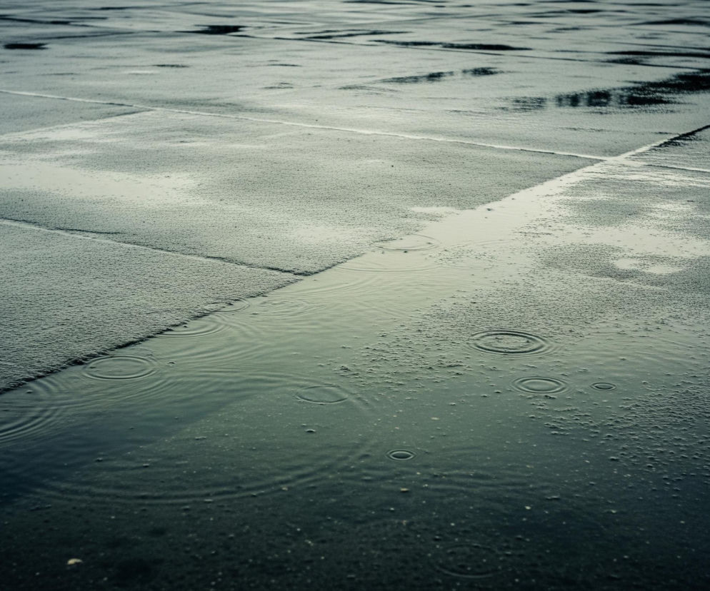 Duża powierzchnia betonowego placu pokryta jest kałużami deszczówki, odbijającymi światło. Na pierwszym planie widać ciemniejsze, szaro-zielone tafle wody, w których unoszą się bąbelki powietrza i tworzą się koncentryczne kręgi od padających kropel deszczu. Powierzchnia placu jest poprzecinana jaśniejszymi fugami, a dalsze partie placu są mniej szczegółowe i rozmyte.