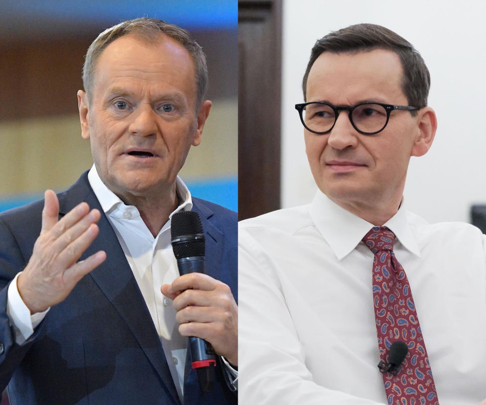 Donald Tusk przemawia do mikrofonu. Obok Mateusz Morawiecki. O sporze o wicemarszałka Sejmu czytaj na SE Polityka.