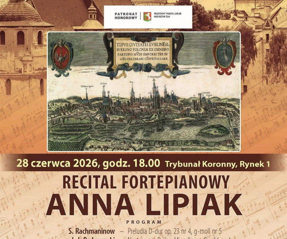 Plakat reklamujący recital fortepianowy Anny Lipiak w ramach cyklu Harmonie Starego Miasta w Lublinie. Widoczne elementy architektoniczne Lublina, dawna mapa miasta i tytuł wydarzenia. Na naszym portalu znajdziesz szczegóły programu.