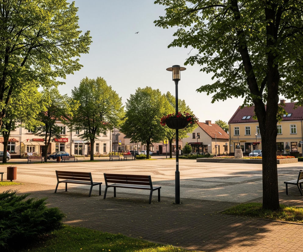 Plac otoczony drzewami o bujnych zielonych liściach, częściowo oświetlonych słońcem, tworzącym cienie na chodniku. Po prawej stronie, wzdłuż osi, oraz po lewej i w tle widoczne są dwu- lub trzykondygnacyjne budynki z jasnymi fasadami i brązowymi dachami, niektóre z oknami dachowymi. Na środku placu znajduje się latarnia uliczna z koszem pełnym czerwonych kwiatów, a obok niej i wzdłuż alejek rozmieszczone są drewniane ławki z metalowymi ramami oraz brązowe kosze na śmieci. Niebo jest bezchmurne, jasnoniebieskie, z małym, ciemnym punktem sugerującym ptaka w locie.
