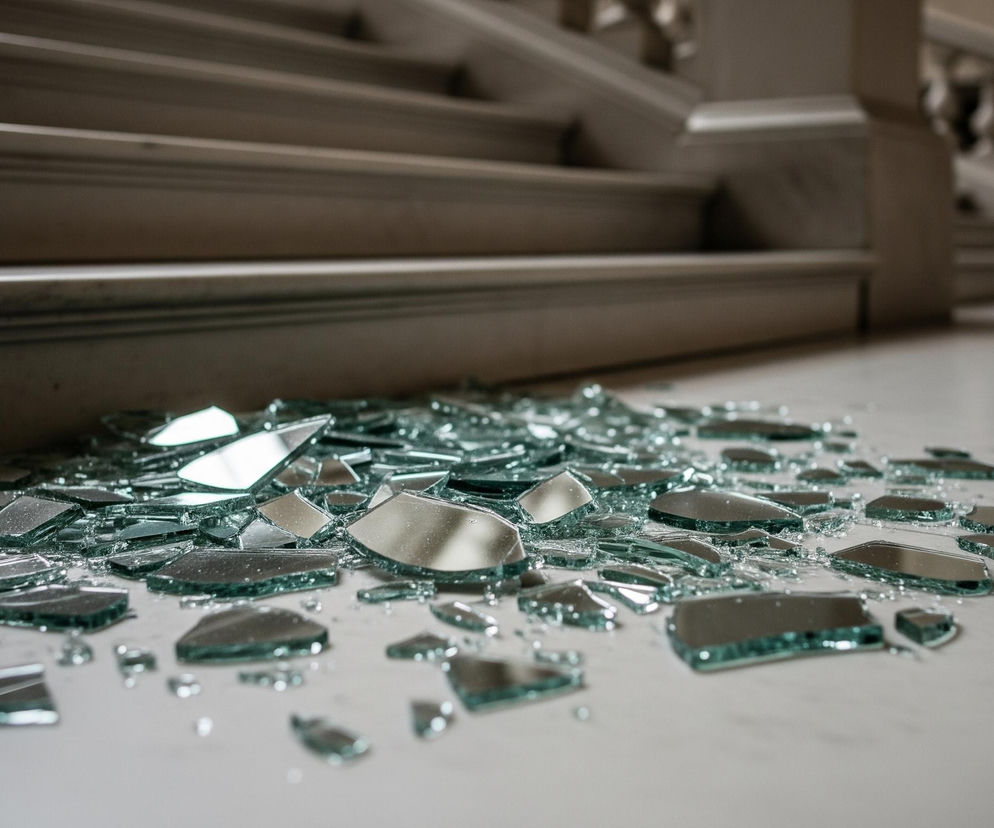 Na pierwszym planie leży stos rozbitego lustra na jasnej, beżowo-szarej posadzce, a odłamki szkła różnej wielkości rozrzucone są po podłodze. Większe kawałki są lustrzane i odbijają światło, natomiast krawędzie niektórych fragmentów szkła są jasnozielone. W tle widoczne są schody w podobnym, jasnym kolorze, a na lewo i prawo od nich znajdują się elementy balustrady, prawdopodobnie wykonane z kamienia.