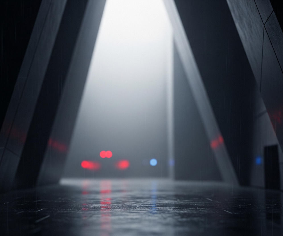 Światło w centrum obrazu tworzy jasny, niemal biały tunel, z którego wyłaniają się dwie ciemne, geometryczne struktury, rozchodzące się na boki. Elementy te, przypominające ściany lub filary, mają ciemnoszary, teksturalny kolor i wyraźne, proste linie. Na dole widoczna jest mokra, ciemna nawierzchnia, odbijająca rozmyte czerwone i jedno niebieskie światło z głębi, oraz delikatne, pionowe linie sugerujące padający deszcz.