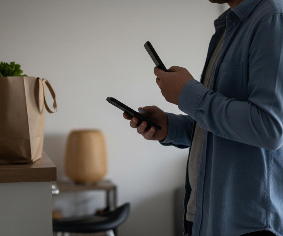 Mężczyzna w niebieskiej koszuli i szarym podkoszulku stoi, trzymając w obu dłoniach czarne smartfony, które obsługuje. Po lewej stronie, na drewnianym blacie, znajdują się dwie papierowe torby, z których jedna wypełniona jest świeżymi warzywami i owocami, w tym sałatą, pomarańczami i kiwi. W tle widać jasną ścianę, a po prawej stronie, nieco rozmyte, fragment szarej sofy z poduszką oraz beżową lampę stołową na niskim stoliku.