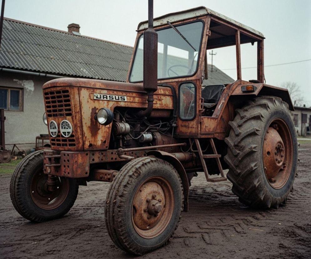 Zardzewiały traktor Ursus stojący na błotnistym podwórku gospodarstwa rolnego, symbolizujący trudną sytuację finansową rolników zmuszonych do pożyczek na przetrwanie. Więcej o problemach sektora rolnego na Super Biznes.