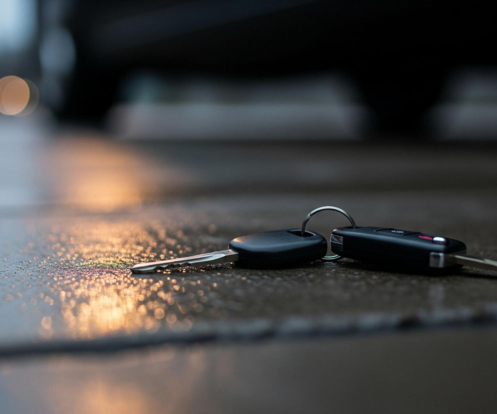 Na pierwszym planie, centralnie, leżą na ziemi dwa czarne kluczyki do samochodu połączone metalowym kółkiem. Lewy kluczyk ma wyraźnie widoczne metalowe ostrze, podczas gdy prawy, bardziej złożony, wyposażony jest w czerwony i srebrny przycisk oraz również metalowe ostrze, choć nieco mniej widoczne. Powierzchnia, na której leżą kluczyki, wydaje się być mokrym chodnikiem lub asfaltem, pokrytym licznymi kroplami wody, które odbijają rozproszone, pomarańczowo-złote światło, tworząc efekt bokeh. Tło jest rozmyte, ciemne, z niewyraźnymi zarysami przedmiotów, a w górnej lewej części zdjęcia widać pojedynczy, jasny, okrągły punkt światła.