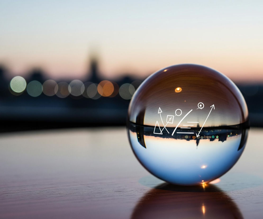 Na pierwszym planie, centralnie, stoi duża, przezroczysta kryształowa kula, odbijająca i odwracająca obraz otoczenia. Wewnątrz kuli widać odwrócony krajobraz miejski z sylwetkami budynków i jasnymi punktami świateł, a nad nim niebo o gradientowych barwach od pomarańczowego do jasnoniebieskiego. Na powierzchni kuli widnieją białe, graficzne ikony, takie jak strzałki, okręgi, trójkąty i kwadraty. Kula spoczywa na drewnianej, brązowej powierzchni stołu, na której widoczne są słoje drewna i rozmyte odbicia światła. W tle, poza kulą, rozciąga się rozmazana panorama miasta o zmierzchu, z ciemnymi sylwetkami budynków i licznymi, rozmywanymi światłami w kształcie kół (efekt bokeh), a ponad nią niebo w odcieniach bladego błękitu i delikatnego różu.