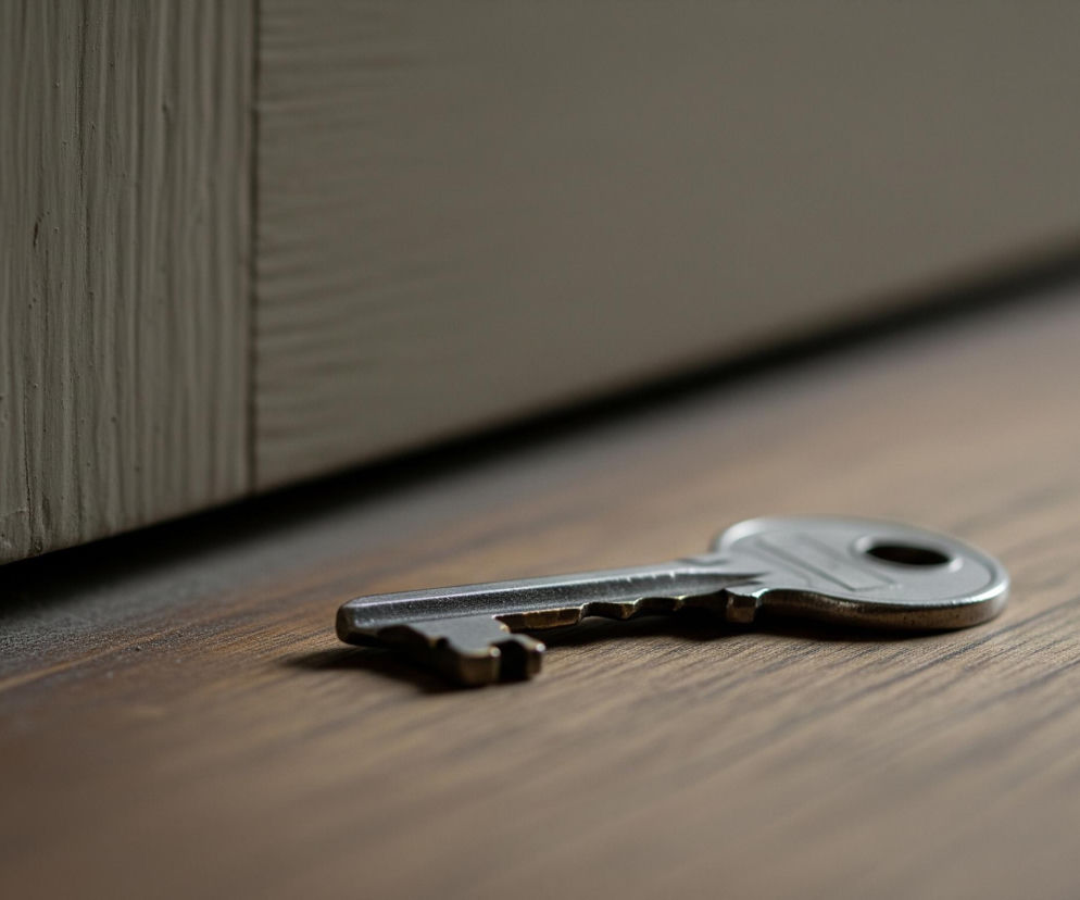 Srebrny klucz leży na drewnianej powierzchni, skierowany w prawą stronę obrazu, z ząbkowaną krawędzią zwróconą ku górze. Drewno ma poziome, ciemnobrązowe słoje. W tle widać dwa pionowe, beżowe panele, lekko rozchylone, tworzące wąską, ciemną szczelinę. Obraz jest płytki, z kluczem w ostrym punkcie i rozmyciem tła oraz dalszej części pierwszego planu.