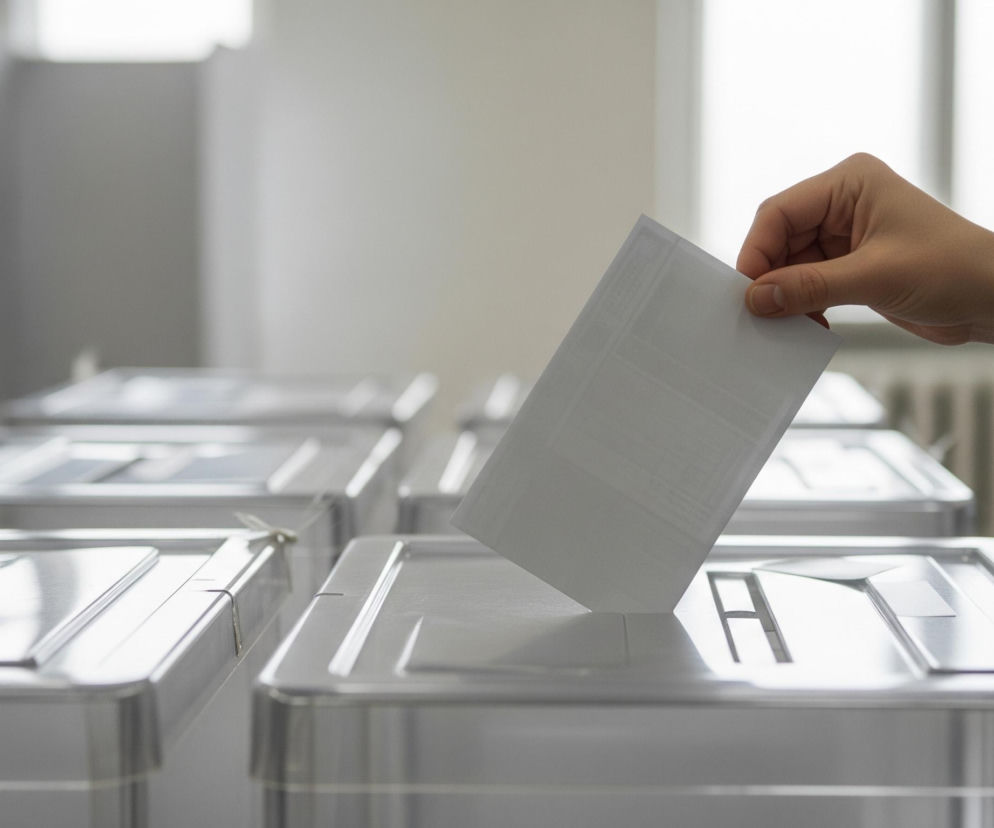 Prawa dłoń osoby, w czarnym rękawie marynarki, wkłada białą kartkę papieru do przezroczystej urny wyborczej. Urna posiada prostokątny otwór na górze i jest jedną z wielu identycznych urn, ustawionych w rzędzie, widocznych częściowo w tle. Całe pomieszczenie ma jasne, szare ściany i jest oświetlone naturalnym światłem wpadającym z niewidocznego źródła, co tworzy odblaski na plastikowych powierzchniach urn.