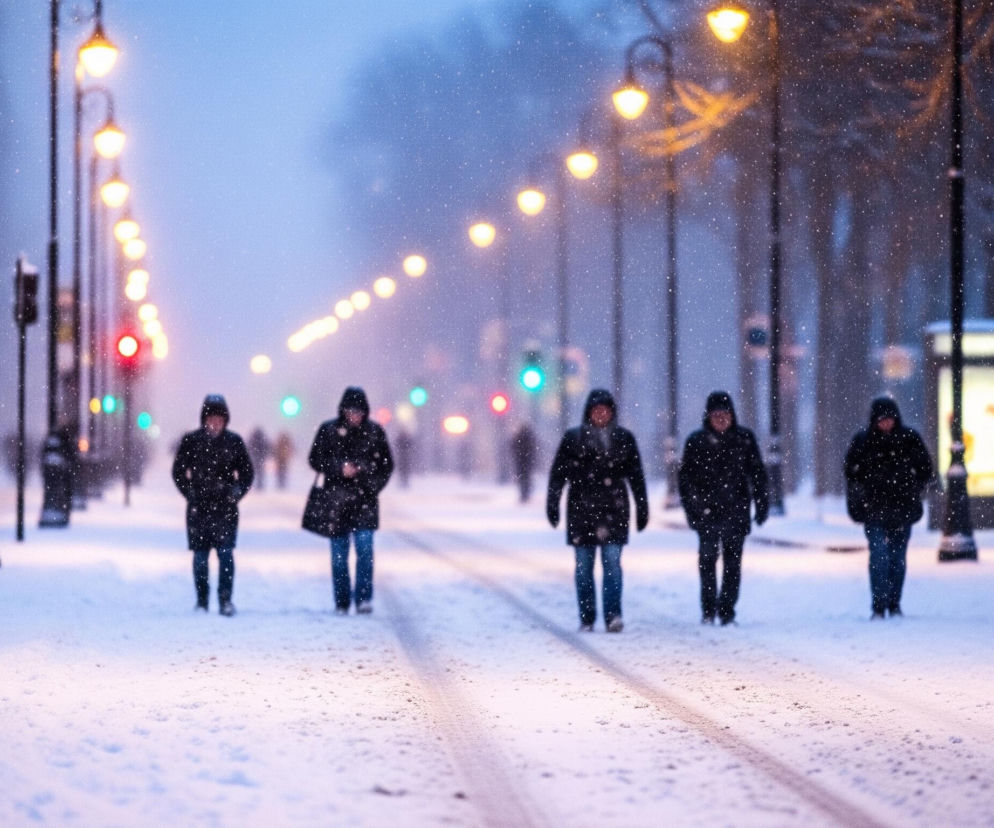 Pięć postaci ludzkich w ciemnych płaszczach i czapkach idzie środkiem zaśnieżonej ulicy, w tle widać więcej niewyraźnych postaci. Po obu stronach drogi stoją rzędy latarni ulicznych o ciepłym, żółtym świetle, a także sygnalizacja świetlna w kolorach czerwonym i zielonym. Płatki śniegu spadają na całą scenę, pokrywając ulice i chodniki grubą warstwą białego puchu. Po prawej stronie widać zaśnieżoną ławkę i nagie drzewa.