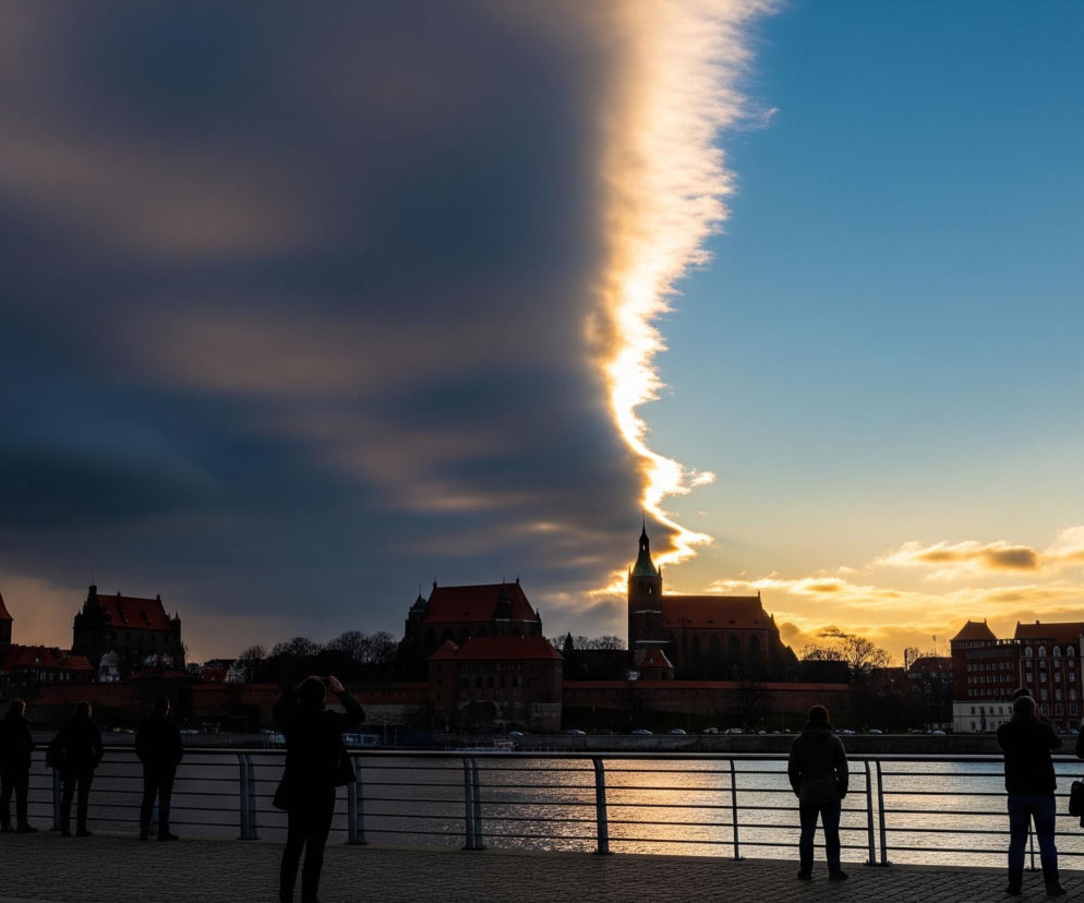 Na zdjęciu widoczna jest panorama miasta oświetlona zachodzącym słońcem, podzielona przez dramatyczną granicę chmur. Lewa strona nieba jest ciemna, pokryta gęstymi, ciemnoszarymi chmurami, natomiast prawa strona rozjaśnia się w jasny błękit z pomarańczowo-złotymi obłokami rozproszonymi blisko horyzontu. Ta granica między ciemnymi a jasnymi chmurami jest bardzo wyraźna, tworząc pionową, falującą linię intensywnie oświetloną złotym blaskiem.

Poniżej, na horyzoncie, rozciąga się rzeka, na której odbijają się złote refleksy słońca, oraz sylwetki zabytkowych budynków z czerwonymi dachami i spiczastymi wieżami, które są zacienione, ale wyraźnie widoczne na tle jaśniejszej części nieba. Na pierwszym planie, wzdłuż brzegu rzeki, na betonowym nabrzeżu stoi pięć osób w ciemnych sylwetkach, patrzących w kierunku panoramy miasta i nieba. Jedna osoba, stojąca w środkowej części kadru, trzyma aparat fotograficzny, uwieczniając widok.