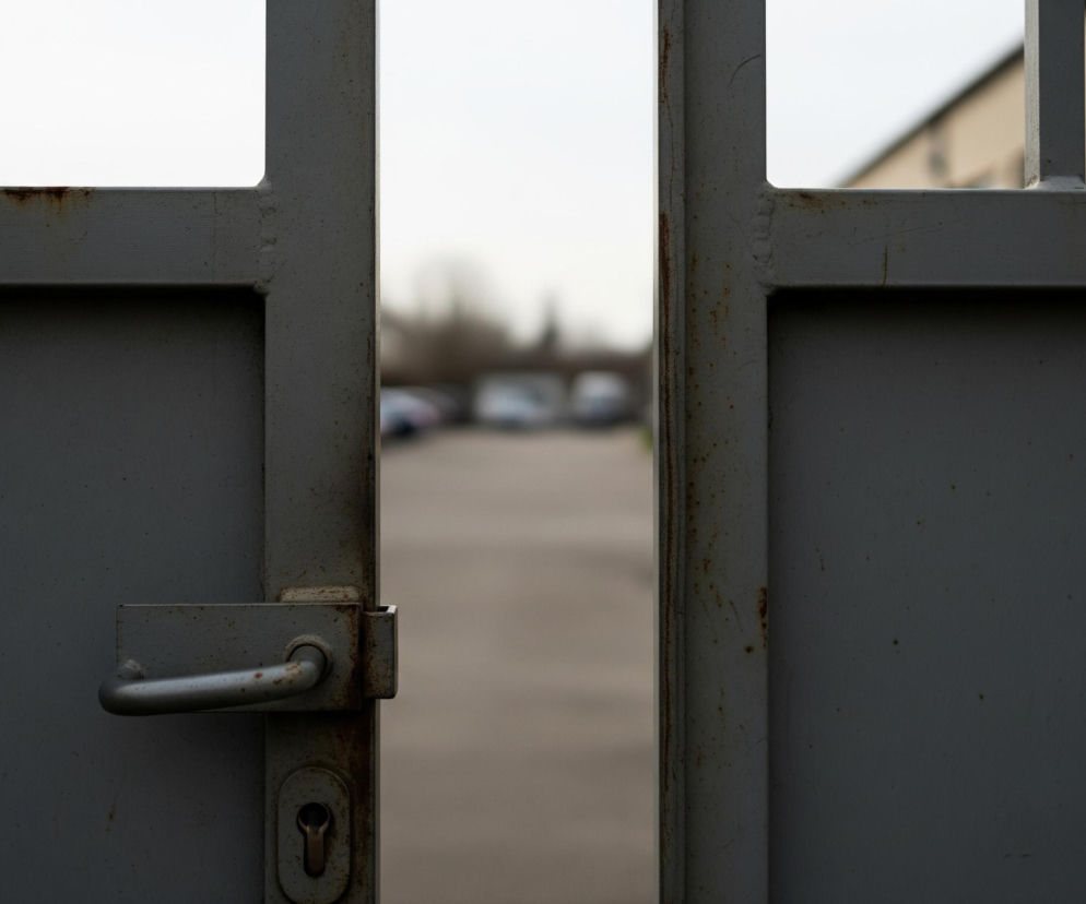 Otwartą, metalową, szarą bramę, która dzieli kadr na dwie pionowe połowy. Na lewym skrzydle bramy widoczna jest srebrna klamka oraz podłużna, ciemna dziurka od klucza. Oba skrzydła bramy są częściowo pokryte rdzą w górnej części. Za bramą rozciąga się asfaltowa droga, prowadząca w głąb obrazu, gdzie w oddali zamazane są niewyraźne kształty zaparkowanych samochodów i zabudowań.