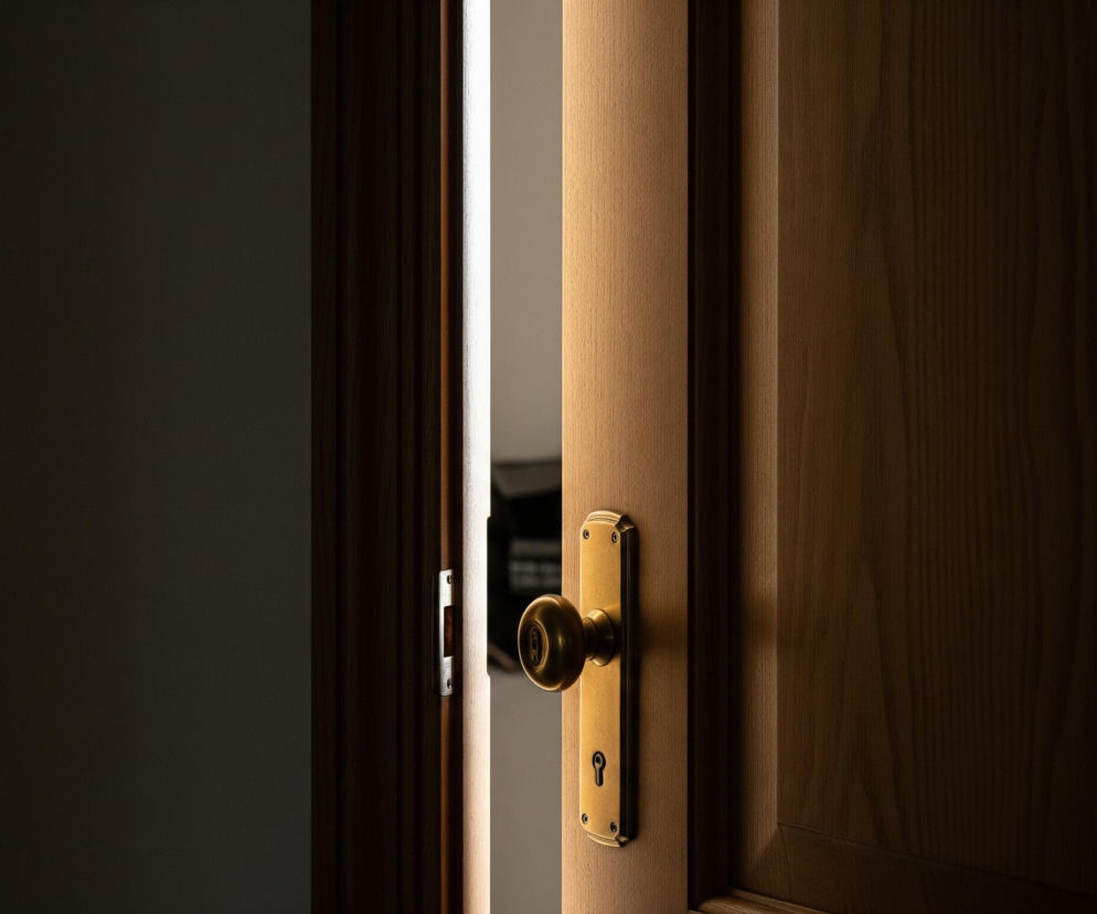 W kadrze znajduje się częściowo uchylone drewniane drzwi z mosiężną klamką po prawej stronie. Między drzwiami a ciemnym wnętrzem pomieszczenia po lewej stronie widoczny jest pionowy pas jasnego światła. Drewniane drzwi charakteryzuje widoczne usłojenie, a ich powierzchnia jest częściowo zacieniona.