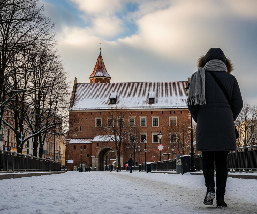 Osoba ubrana w ciemną zimową kurtkę z futrzanym obszyciem kaptura i szary szalik idzie po zaśnieżonym placu w kierunku ceglanego budynku z czerwoną spiczastą wieżyczką. Lewa strona kadru ukazuje nagie drzewa pokryte śniegiem i fasady budynków, a po prawej stronie widać również zaśnieżone budynki w jasnym kolorze, wszystko pod częściowo zachmurzonym niebem z widocznym błękitem i ciepłym światłem słonecznym. Cały plac i dachy budynków pokryte są grubą warstwą białego śniegu, co tworzy zimowy krajobraz miejski.