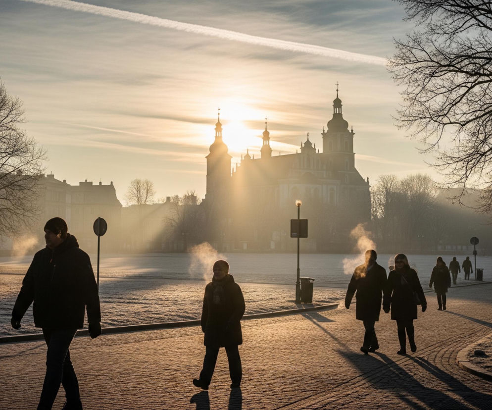 Grupa ludzi w ciemnych płaszczach i kurtkach, w tym kilka osób wydychających parę, idzie brukowanym chodnikiem pokrytym mrozem. W tle dominują sylwetki budynków z kopulastymi wieżami, z których centralna jest oświetlona promieniami słońca rozchodzącymi się zza niej, tworząc poświatę. Na pierwszym planie po lewej stronie znajduje się duże, bezlistne drzewo, a po prawej widać fragmenty innych drzew i latarni, wszystko w otoczeniu białego szronu pokrywającego trawniki i zieleń. Niebo jest częściowo zachmurzone, z wyraźnym smugą kondensacyjną samolotu przecinającą górną część kadru.