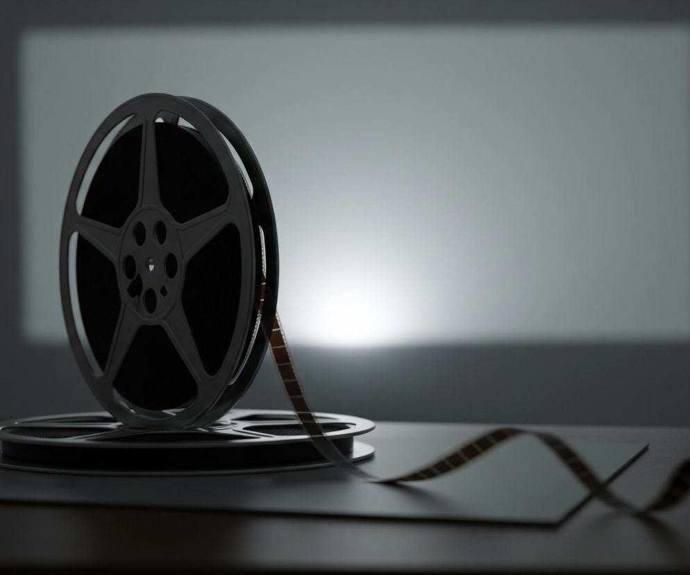 Na pierwszym planie, z lewej strony, stoi szara szpula z nawiniętą czarną taśmą filmową, umieszczona na mniejszej, również szarej szpuli. Z większej szpuli rozwinięta jest jasnobrązowa taśma filmowa z czarnymi, prostokątnymi perforacjami, która swobodnie leży, tworząc zakrzywiony kształt na ciemnoszarym blacie lub podłożu. W tle widoczny jest jasny, prostokątny obszar, przypominający ekran projekcyjny, oświetlony od dołu, rozświetlający ciemne tło.