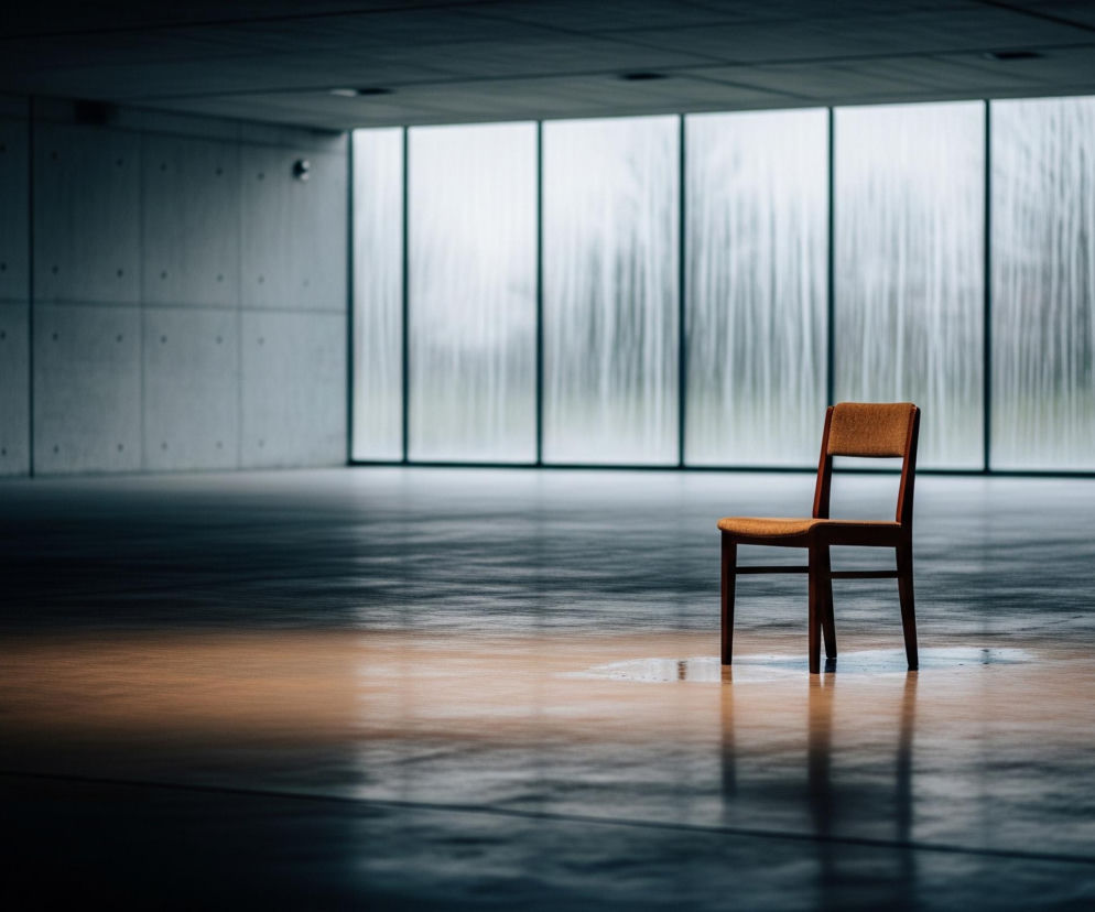 Pośrodku kadru, na ciemnej, błyszczącej podłodze, stoi drewniane krzesło z pomarańczowym tapicerowanym siedziskiem i oparciem. Krzesło jest oświetlone ciepłym, żółto-pomarańczowym światłem padającym z lewej strony, tworzącym jaśniejszą plamę na podłodze, na której widoczne jest jego odbicie. Tło stanowi duża, prostokątna ściana z wielkimi oknami o mlecznym, pionowym wzorze, przez które przenika rozproszone, jasne światło. Po lewej stronie widoczna jest betonowa ściana z widocznymi łączeniami płyt, a całe pomieszczenie utrzymane jest w chłodnych, ciemnych barwach, kontrastujących z ciepłym akcentem światła na krześle.