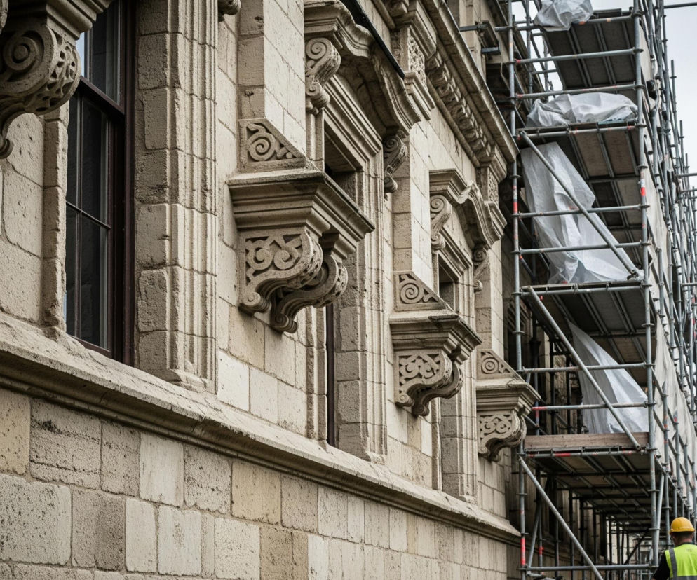 Prawa strona obrazu przedstawia stalowe rusztowanie, częściowo zakryte białymi, plastykowymi plandekami, rozciągające się ku górze. Lewa strona ukazuje kamienną fasadę budynku, z widocznymi oknami, gzymsami i bogato zdobionymi wspornikami w stylu barokowym lub neorenesansowym, wykonanymi z jasnego kamienia. U dołu po prawej stronie widać fragment postaci w żółtym kasku i jaskrawozielonej kamizelce odblaskowej, skierowanej plecami do obserwatora. Tło stanowi zachmurzone, jasnoszare niebo oraz ciemniejsza, dalsza ściana z kamienia z widocznymi mchem i roślinnością.