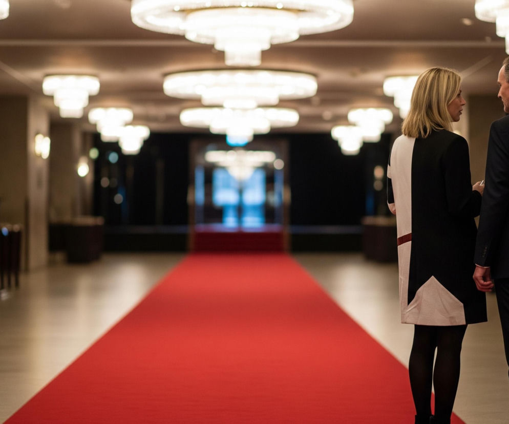 Dwoje ludzi stoi na czerwonym dywanie w przestronnym holu. Kobieta po lewej stronie, z blond włosami do ramion, ubrana jest w czarno-białą sukienkę i czarne rajstopy, obracając głowę w prawo i patrząc na mężczyznę. Mężczyzna po prawej stronie, tyłem do widza, ma krótkie, brązowe włosy i jest ubrany w ciemny garnitur z białą koszulą. Jasne, okrągłe żyrandole zwisają z sufitu, rozświetlając beżowe ściany i brązowe framugi drzwi po obu stronach korytarza.