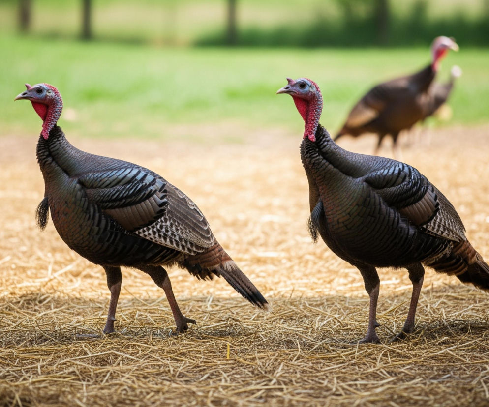 Dwa brązowo-szare indyki, z czerwonymi głowami i szyjami oraz niebieskimi fragmentami wokół oczu, stoją na pokrytej słomą ziemi. Ich pióra są ciemne, z wyraźnymi paskami na skrzydłach. W tle, na lekko rozmazanym zielonym trawniku, widoczny jest kolejny indyk.