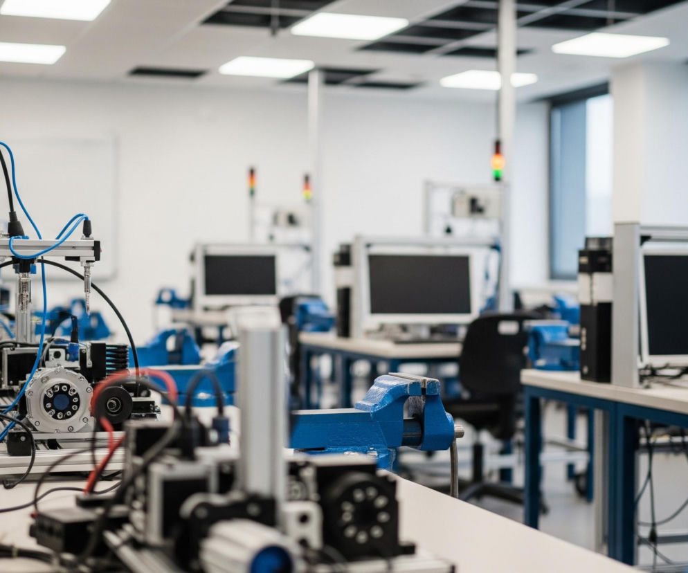 Na pierwszym planie, z lewej strony, widoczne są elementy skomplikowanej aparatury laboratoryjnej z licznymi kablami w kolorach czarnym, niebieskim i czerwonym, biegnącymi po jasnym blacie. Centralnie, w tle, znajduje się rząd stanowisk roboczych z niebieskimi imadłami, monitorami komputerowymi o ciemnych ekranach i klawiaturami. W pomieszczeniu, o jasnych ścianach i suficie z kwadratowymi, podświetlanymi panelami, panuje dobre oświetlenie.