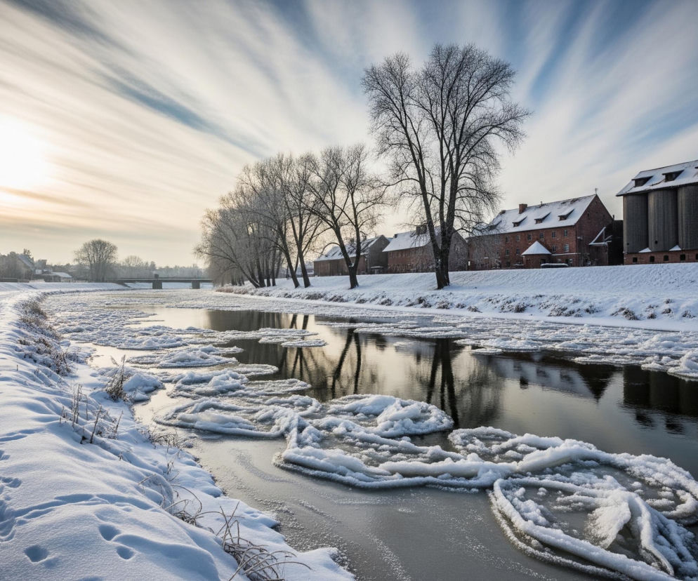 Ośnieżona rzeka z kawałkami lodu płynie przez pokryty śniegiem krajobraz w zimowy dzień. Po lewej stronie, na pierwszym planie, idzie osoba w ciemnej kurtce z plecakiem, zostawiając ślady na świeżym śniegu. Brzeg rzeki porośnięty jest częściowo uschniętą trawą pokrytą szronem, a w oddali widać most. Na prawym brzegu rzeki rośnie szereg drzew bez liści, ich gałęzie są białe od szronu, a za nimi widać szereg ceglanych budynków z ośnieżonymi dachami, w tym duży budynek o konstrukcji silosowej. Niebo jest częściowo zachmurzone, z rozciągniętymi chmurami, a słońce świeci jasno z lewej strony, rzucając blask na wodę i śnieg.
