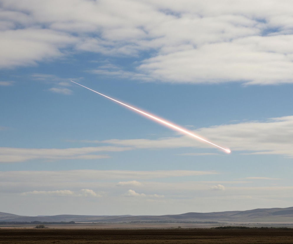 Na obrazie dominuje jasne, błękitne niebo z rozproszonymi białymi chmurami. Przez niebo, od lewego górnego rogu do prawego dolnego, przecina jasna, świecąca smuga światła o barwach od białej po lekko pomarańczową. Poniżej rozciąga się horyzont z falującymi wzgórzami o stonowanych, brązowo-zielonych odcieniach, a na pierwszym planie widać rozległą, płaską przestrzeń ciemnobrązowej ziemi, porośniętej suchą roślinnością.