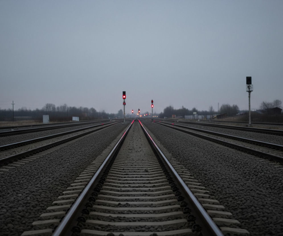 Trzy zestawy torów kolejowych rozciągają się w głąb obrazu, zbiegając się w kierunku odległego horyzontu pod szarym, zachmurzonym niebem. Tory są ułożone na szarym żwirze, a środkowy zestaw torów ma widoczną czerwoną linię światła biegnącą wzdłuż jednej z szyn. W oddali, na wysokości horyzontu, widoczne są cztery czerwone światła sygnalizacyjne oraz kilka ciemnych, bezlistnych drzew i zarysy budynków po obu stronach torów. Całość utrzymana jest w ciemnej, stonowanej palecie barw.
