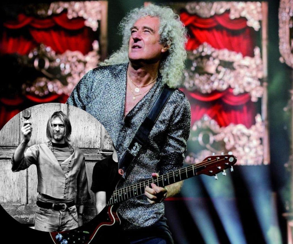Gitarzysta Brian May na koncercie. Obok na miniaturze Kurt Cobain. O opinii Maya na temat lidera Nirvany czytaj w EskaRock.