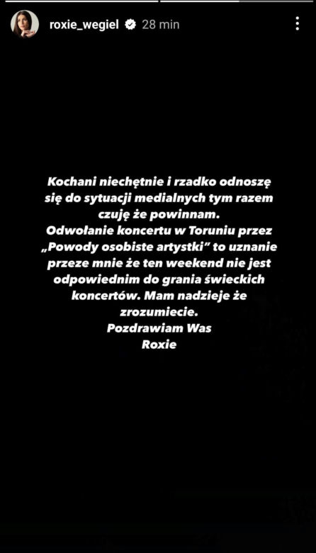 Roksana Węgiel wydała oświadczenie. To dlatego nagle odwołała koncert 