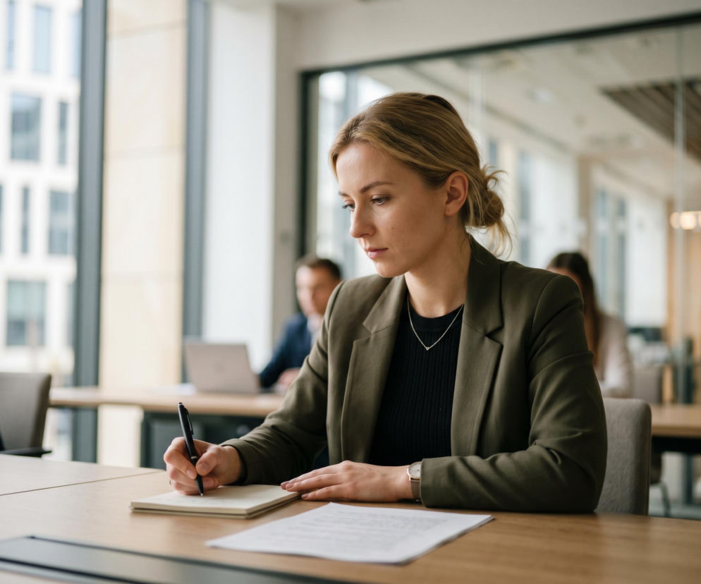 Kobieta w zielonej marynarce, pisząca długopisem w notatniku podczas szkolenia lub warsztatów w biurze. Obok niej leżą dokumenty, a w tle widać inne osoby i nowoczesne wnętrze. Artykuł Super Biznes omawia rekrutację UOKiK na tajnych agentów.