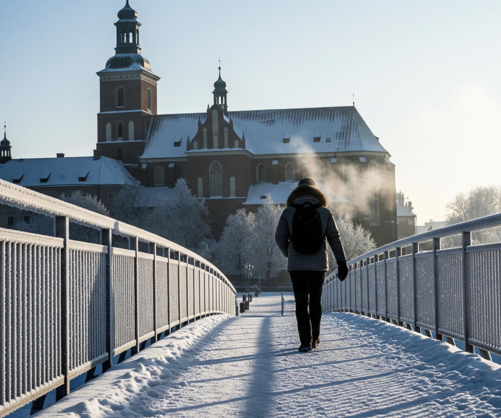Człowiek w szarej zimowej kurtce z kapturem obszytym futrem oraz czarnym plecakiem idzie po zaśnieżonym moście. Z ust osoby unosi się para, co świadczy o niskiej temperaturze. Po obu stronach mostu widać metalowe, oszronione barierki, a podłoże pokryte jest warstwą śniegu z widocznymi cieniami. W tle, po drugiej stronie mostu, znajduje się duży, ceglany budynek z wysoką wieżą i spadzistymi dachami, również pokrytymi śniegiem, otoczony zaśnieżonymi drzewami i krzewami. Jasne, zimowe słońce świeci z prawej strony, rozjaśniając niebo.