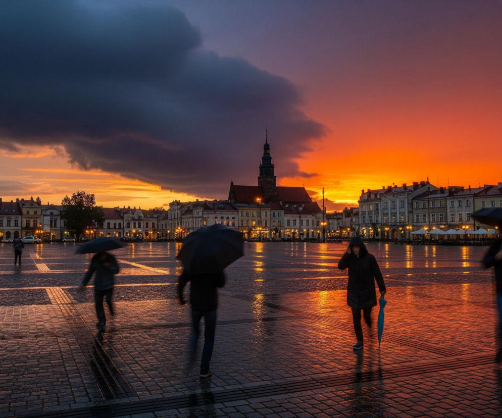 Uliczny krajobraz miejskiego placu o zmierzchu. Ciemne, burzowe chmury pokrywają większą część nieba po lewej stronie, przechodząc w intensywną, pomarańczowo-czerwoną poświatę zachodzącego słońca po prawej. Na mokrym, brukowanym placu odbijają się barwy nieba oraz liczne światła z budynków otaczających plac. Widocznych jest kilka rozmazanych postaci, z czego cztery w pierwszym planie niosą parasole, a jedna trzyma złożony niebieski parasol. Z tyłu wznosi się budynek z charakterystyczną wieżą, a wokół placu rozmieszczone są kamienice z podświetlonymi oknami i latarniami.