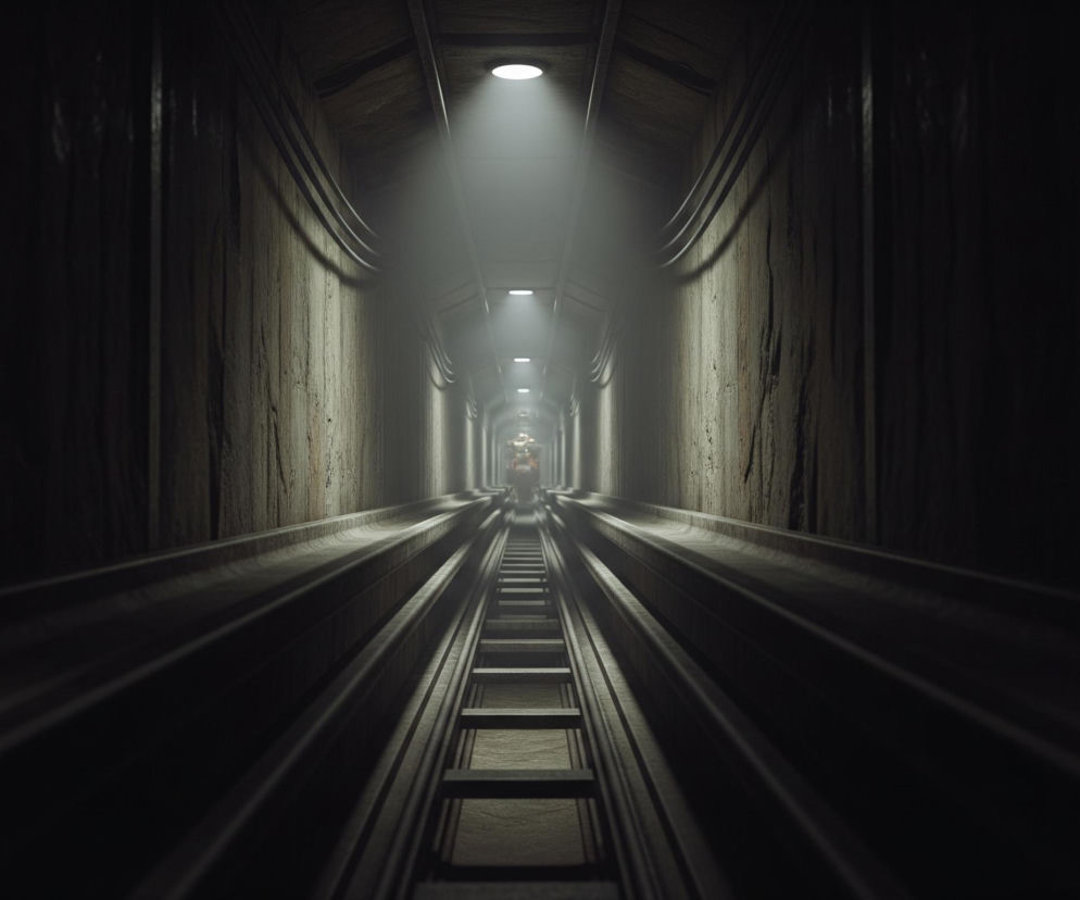 Długi, ciemny tunel rozciąga się w głąb obrazu, otoczony betonowymi ścianami o szorstkiej teksturze. Na suficie regularnie rozmieszczone są okrągłe, białe światła, rzucające stożkowe promienie jasnego światła w dół, rozjaśniając centralną część tunelu i tworząc mglisty efekt. Na podłodze biegną równoległe szyny, tworzące perspektywiczny zbieg w dal. Na końcu tunelu, w silnie rozmytej odległości, widoczna jest niewielka, wielobarwna postać, otoczona jasną poświatą.