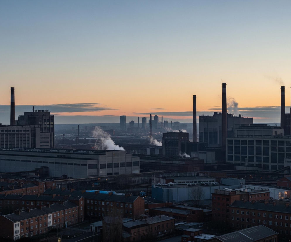 Rozległa panorama miasta ukazuje liczne budynki przemysłowe z kominami wznoszącymi się w niebo, z których wydobywa się dym. Dominują odcienie szarości i brązu w architekturze, kontrastujące z jasnoniebieskim niebem przechodzącym w cieplejsze, pomarańczowo-różowe barwy horyzontu. W oddali widoczne są zarysy wieżowców, a na pierwszym planie znajdują się dachy ceglanych budynków mieszkalnych. Cała scena jest oświetlona delikatnym światłem wschodu lub zachodu słońca.