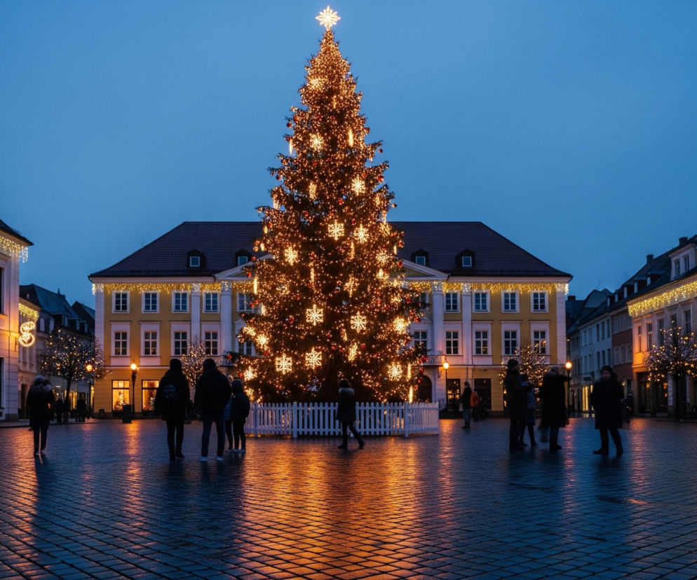 W centrum zdjęcia dominuje wysoka, gęsto oświetlona choinka z jasną gwiazdą na szczycie i dekoracjami w kształcie śnieżynek oraz czerwonych bombek, otoczona niskim, białym płotkiem. Za choinką stoi dwupiętrowy budynek w kolorze żółtym, z białymi ramami okiennymi i ciemnym dachem, również udekorowany girlandami świetlnymi. Po obu stronach placu rozciągają się rzędy niższych budynków z oświetlonymi fasadami, a na brukowanej nawierzchni odbija się ciepłe światło dekoracji, tworząc pomarańczowe refleksy. Na placu i wokół choinki porusza się kilka niewyraźnych sylwetek ludzi, co sugeruje ruch i obecność publiczności wieczorem.