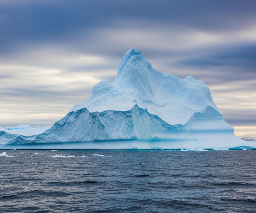 W centralnej części obrazu dominuje ogromna góra lodowa o spiczastym szczycie, otoczona przez wzburzone, ciemne wody oceanu. Jej powierzchnia jest mieszanką bieli i odcieni błękitu, z wyraźnymi warstwami i pęknięciami, ukazującymi surowość i wiek lodu. Za główną górą lodową widać mniejsze bryły lodu, a na horyzoncie zarysowują się kolejne, ośnieżone formacje. Niebo powyżej jest zachmurzone, z wyraźnym przejściem od jaśniejszych, biało-szarych chmur tuż nad horyzontem do głębokiego błękitu w górnej części kadru.