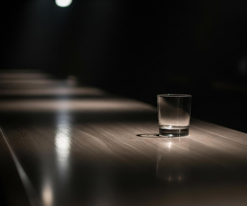 Szklanka na drewnianym blacie znajduje się w centrum kadru, oświetlona silnym, skierowanym z góry światłem, które tworzy wyraźny cień za nią. Blat, o barwie jasnobrązowej z widocznymi słojami drewna, odbija światło, tworząc długie, rozmazane refleksy. Tło i górna część obrazu są pogrążone w ciemności, z jedynie rozmazanym, jasnym punktem światła w lewym górnym rogu.