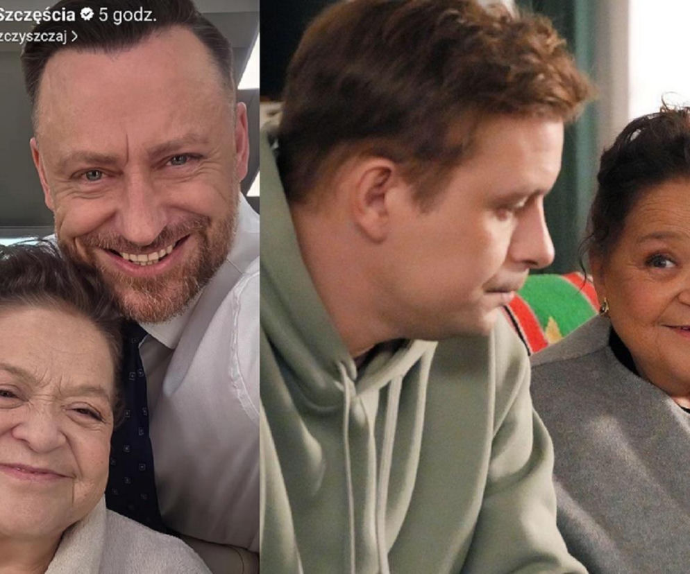 Dwa kadry z serialu Barwy szczęścia. Po lewej uśmiechnięta Grażyna Zielińska (Lucyna) w białym szlafroku z Adamem Szczyszczajem (Maciej Wilk). Po prawej Lucyna i Robert Gulaczyk (Szczepan Krajewski), prawnik Wilka, dyskutujący w ciepłych ubraniach. Więcej informacji o ich spisku znajdziesz na Super Seriale.