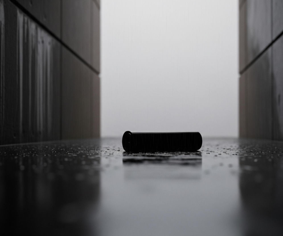 Na pierwszym planie, centralnie, leży ciemny, walcowaty przedmiot z zaokrąglonymi końcami, odbijający światło. Przedmiot spoczywa na ciemnej, błyszczącej powierzchni pokrytej drobnymi kroplami wody, z wyraźnym odbiciem światła w lewej części kadru. Po obu stronach widoczne są pionowe, ciemne ściany o chropowatej teksturze, z widocznymi poziomymi spoinami i nieregularnymi smugami, sugerującymi ślady spływającej wody. Tło stanowi jasna, mglista przestrzeń, rozciągająca się w oddali, tworząc kontrast z ciemnymi elementami na pierwszym planie.