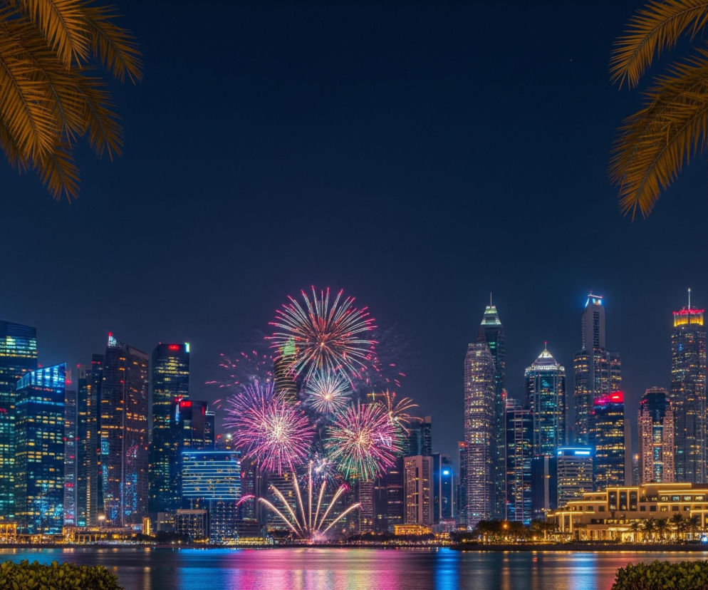 Scena nocna przedstawia panoramę oświetlonych wieżowców miejskich, odbijających się w tafli wody na pierwszym planie. Nad miastem rozbłyskują różnokolorowe fajerwerki w odcieniach różu, fioletu i złota, tworząc spektakularny pokaz. Po bokach kadru, w lewym i prawym górnym rogu, widoczne są fragmenty liści palmowych, oświetlonych ciepłym światłem, które częściowo zasłaniają ciemne niebo. Na dole obrazu, tuż nad wodą, znajdują się zielone krzewy, które stanowią dolną granicę kadru.