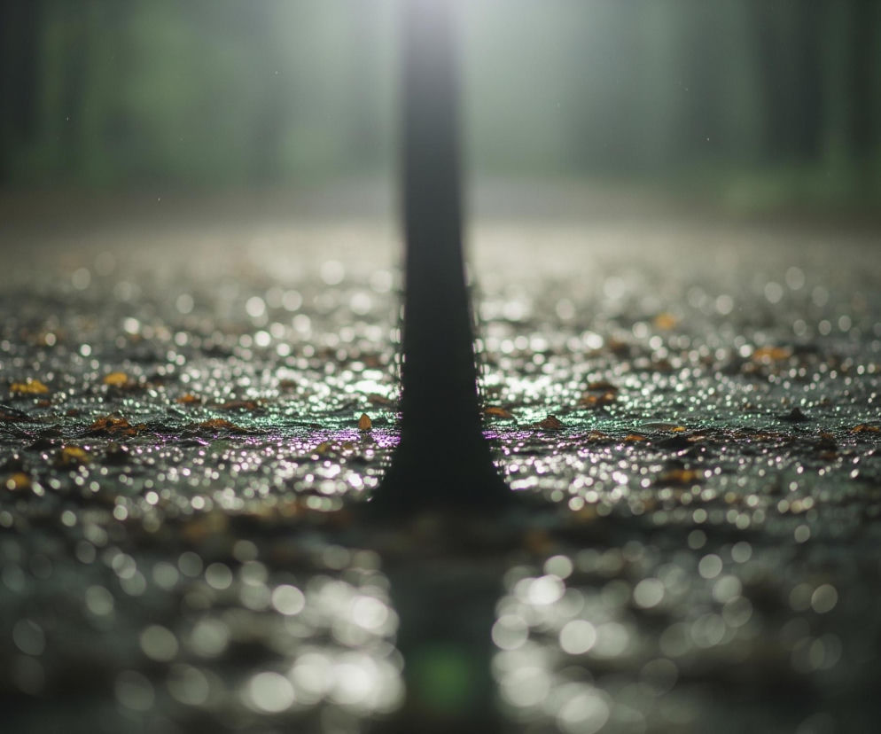 Ciemna, wąska linia biegnie pionowo przez środek kadru, dzieląc go na dwie symetryczne części. Otacza ją mnóstwo małych, jasnych, rozmytych punktów przypominających krople deszczu lub rosę na szarej, chropowatej powierzchni, gdzieniegdzie widoczne są pojedyncze, suche liście w kolorze ochry. W tle, powyżej poziomu, na którym znajdują się krople, rozciąga się rozmyty, ciemnozielony obszar, a u góry obrazu widoczna jest jasna smuga światła, która rozjaśnia również rozmyte punkty na powierzchni.