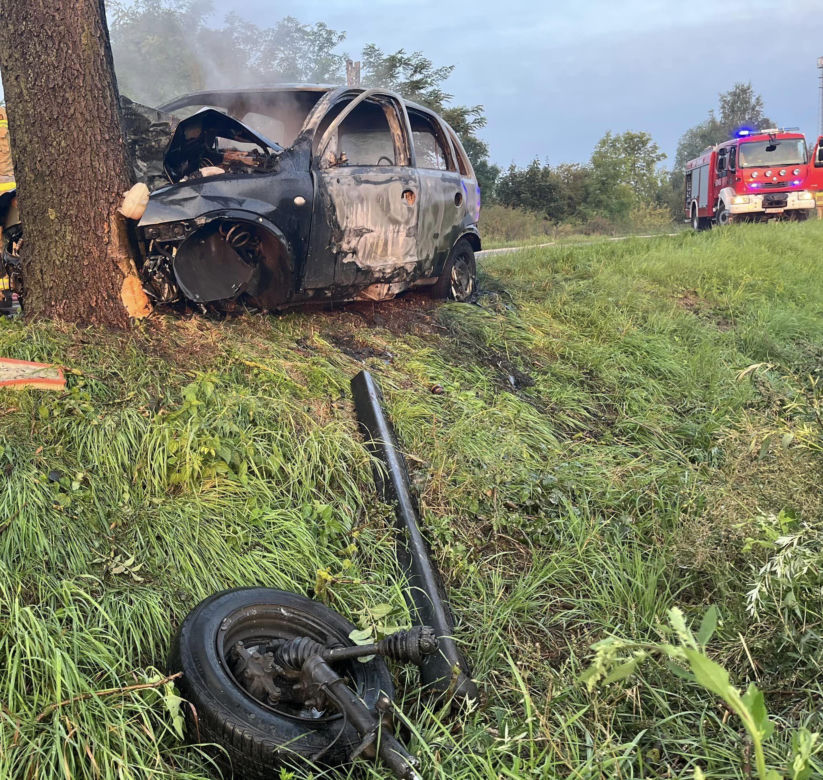 Koszmarny wypadek na DW 310 w Wielkopolsce. Mężczyzna spłonął w aucie