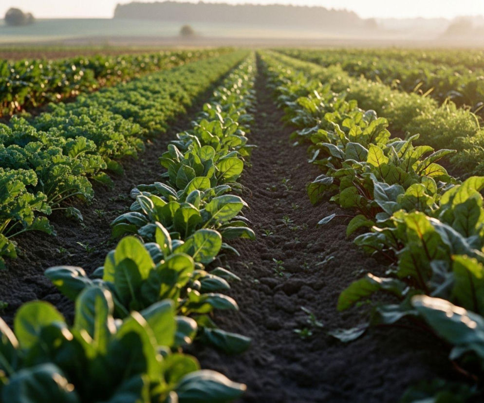 Uprawne pole z rzędami młodych, zielonych roślin w promieniach słońca, symbolizujące rozwój rolnictwa ekologicznego i zdrowe uprawy. Więcej o dopłatach i strategiach zrównoważonej produkcji przeczytasz na Super Biznes.